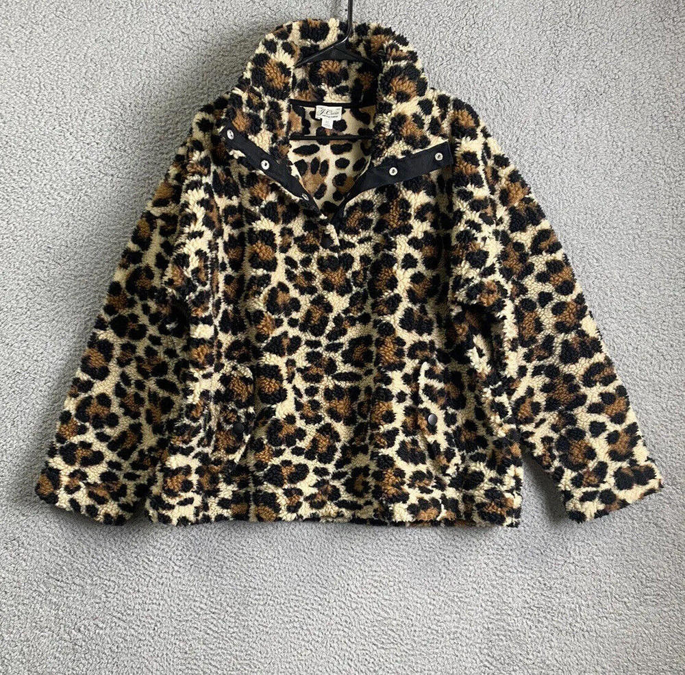 J CREW Jacket Womens XL Leopard Snap Collar Sherpa Vintage Fleece